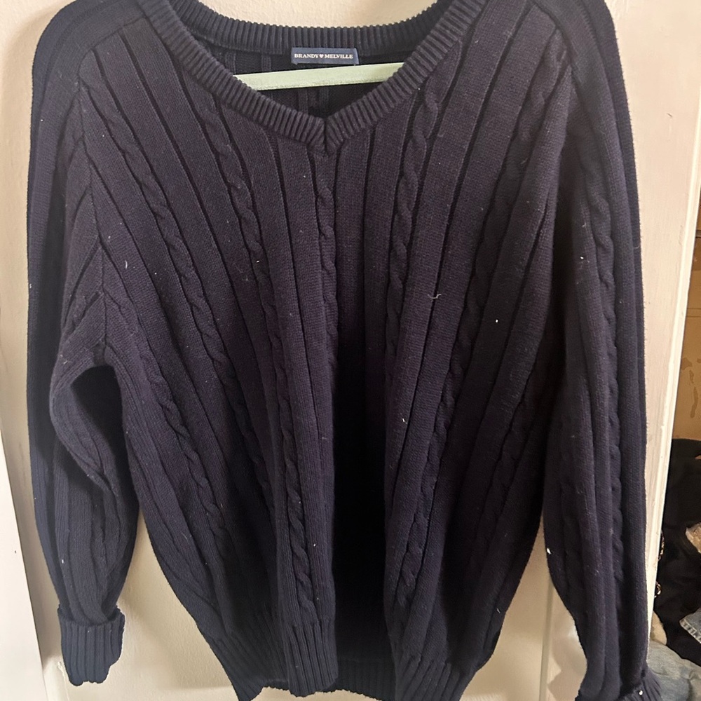Brandy Melville Navy V-Neck Cable Knit Sweater